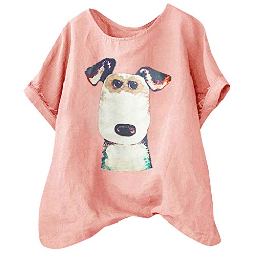 TUDUZ Blusas Mujer Manga Corta Verano Camisas Camiseta de Algodón y Lino con Estampado de Perro de Dibujos Animados (Rosado, XL)