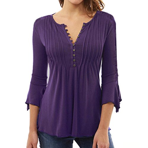 UMIPUBO Mujer Blusa 3/4 Manga Camisas Elegante Camisetas Primavera Verano Cuello en V Tops (XL, Morado)