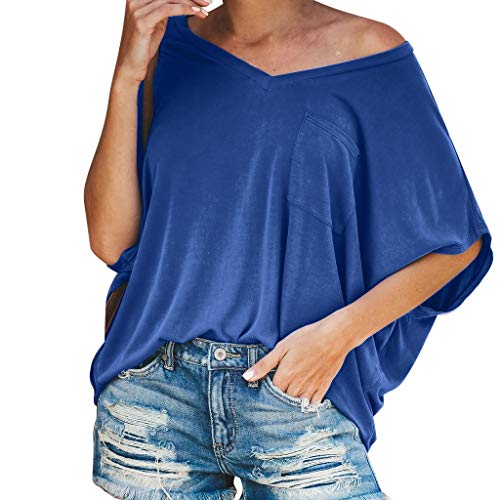 VEMOW Tops Camiseta de Bolsillo de Manga Corta Popular Informal con Cuello en V para Mujer BlusaTops(Blue,XXL)