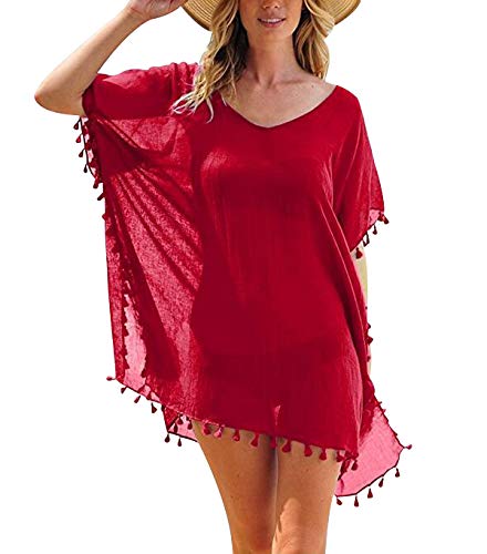 Vestidos de Playa Pareos Playeros Cuello V Boho Vestido Playa Mujer Kaftan Camisolas Caftanes Bluson Tunica Blusas Playa Piscina Playero Ropa de Playa Bikini Cover Up Tunicas Playera Camisola Rojo