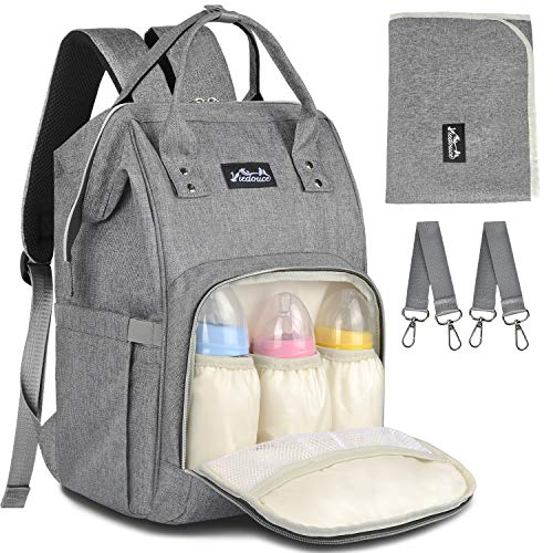 Viedouce Mochilas para Pañales Biberones,Bolso del Bebé Mamá,Impermeable con Estilo Oxford Bolso Pañal de Gran Capacidad, con Portátil Cambiador y 2 Piezas Ganchos Carrito Bebé (gris)