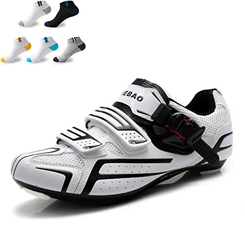 XFQ Adultos Ciclismo Zapatos, Zapatos Unisex De La Bici del Camino De Amortiguación Transpirables Favorables Zapatos De Montaña Ciclismo De Bloqueo con 5 Pares De Calcetines Deportivos,Blanco,42EU