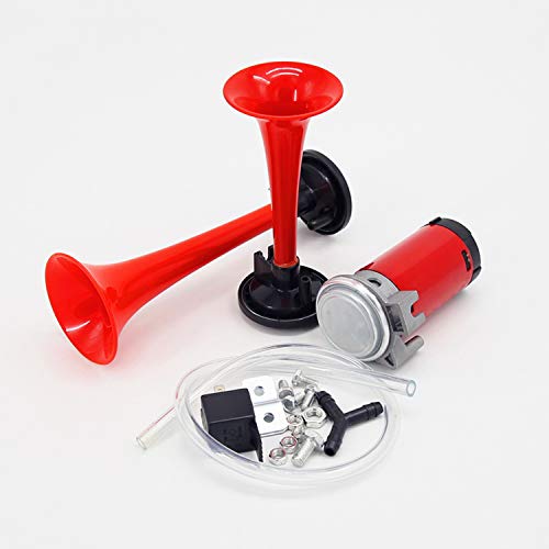 YIYDA Bocina de coche trompa doble bocina 135db altavoz bocina fuerte trompetas kit contiene dos tonos bocina de aire bomba de aire de compresor para cualquier camión de 12V SUV barco, etc. (rojo)