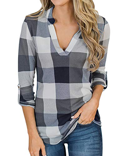 YOINS Blusa Mujer Manga Larga Camiseta Cuello V Camisa Elegante Túnica Casual SueltoTops Otoño Invierno Gris XXL