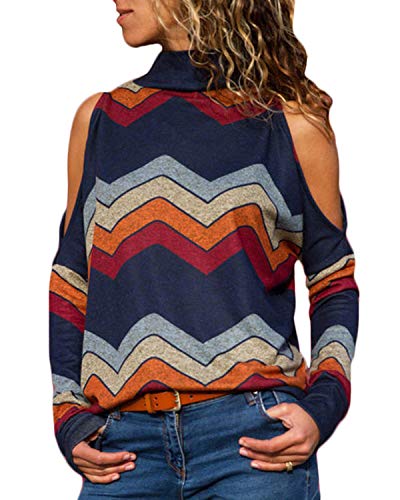 YOINS Blusa suelta casual de cuello alto y mangas largas, hombros descubiertos A-azul marino-nuevo XL