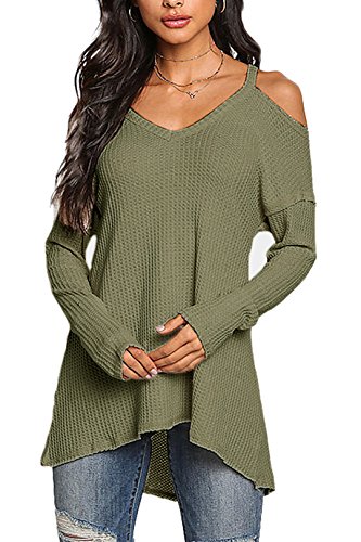 YOINS Camiseta Mujer de Manga Larga Camisa con Hombros Fríos Color Sólido Cuello en V Blusa Verde XS