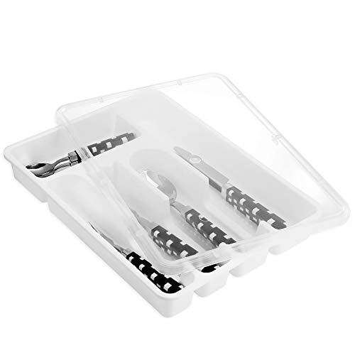 Zilpoo Bandeja para cubiertos con tapa, organizador de cajones de plástico para cubertería, organizador portaobjetos de utensilios para viajes, recipiente con tapa para guardar cubiertos, Blanco