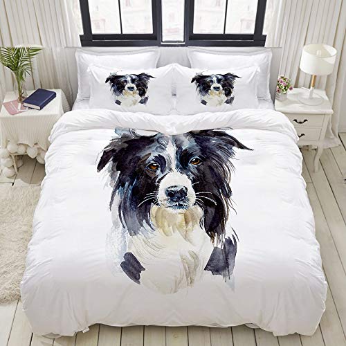 ALLMILL Bedding Juego de Funda de Edredón,Divertido Border Collie Retrato Perro Acuarela Pura Raza Adorable Animal Negro，Microfibra Funda de Nórdico y Fundas de Almohada - 140 x 200cm