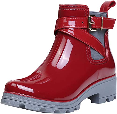 Botas de Agua Bota de Goma Mujer Impermeable lluvia Zapatos Tobillo Casual Calzado, Rojo 39