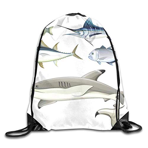 Drawstring Backpack Gym Bags Storage Backpack, Various Fish Predators with Swordfish Piranha and Chordate Aquatic Oceanic Image,Deluxe Bundle Backpack Outdoor Sports Portable Daypack