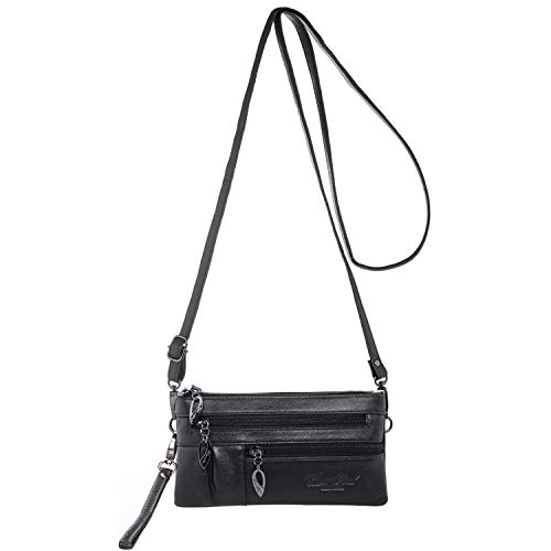 Katloo Bolsos Bandolera Mujer, Pequeño Monedero para Teléfono Móvil Bolsos de Cuero Monedero para Mujeres Cartera de Muñeca para Chicas Bolsa para Celular con Dos Correas (Negro)