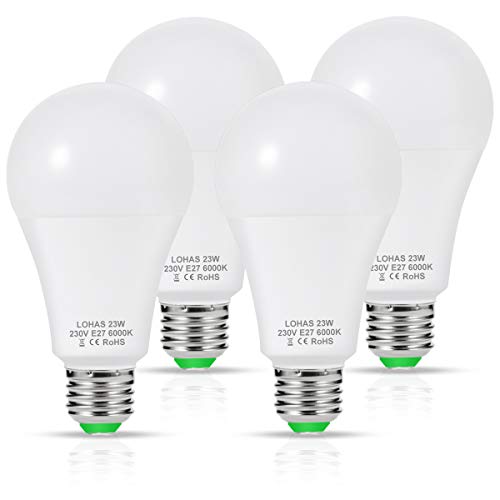 LOHAS Bombilla LED E27, 23W Bombilla LED Equivalent a 200W Incandescente Bombilla, Blanco Frío 6000K, 2500 Lúmenes, 240 ° Ángulo de Haz, Bombilla de Bajo Consumo, No-regulable, Paquete de 4 Unidades