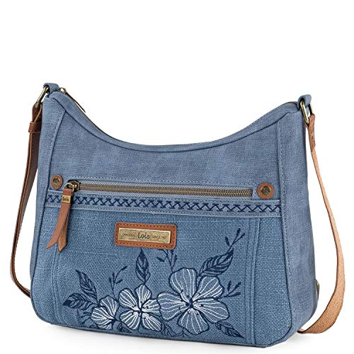 Lois - Bolso Bandolera Tipo Góndola Pequeño para Mujer Bordado y Acabado en Lona Denim Uso Diario Ligero Cómodo Versátil y Práctico 306156, Color Azul