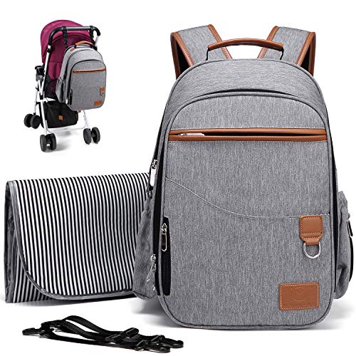 Myhozee Mochila de Pañales y Biberones para Bebé,Impermeable Bolsa Mochila de Pañales Cambiador con una Almohadilla para el Pañal y 2 Ganchos de Carrito para Cuidado de Bebé y Mamá (Gris)