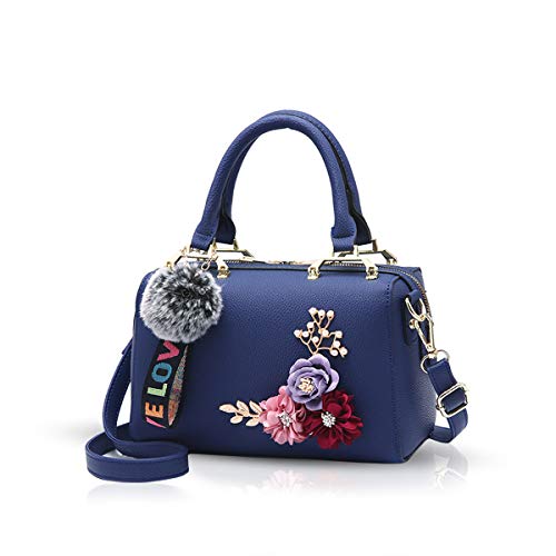 NICOLE & DORIS Bolso para Mujer Bolsos con Asas Superiores Bolsos Florales Bolsos de Hombro con pompón Colgante Bolso Bandolera Bolsos de Mujer Azul