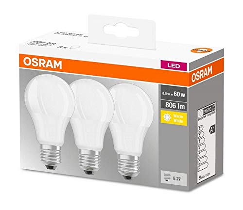 Osram Base Classic A - Lámpara LED, E27, 60W, Color cálido, Paquete de 3