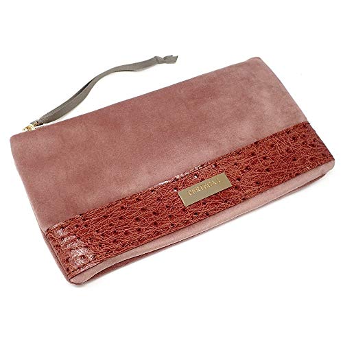 Pertegaz Bolso De Mano Clutch Velvet Rosa Terciopelo Franja Piel Chapa Dorada Cremallera Tira Tela