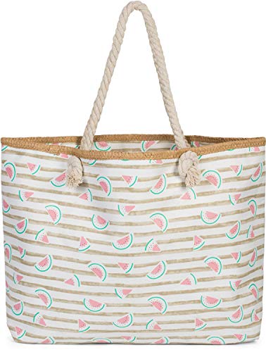 styleBREAKER Bolso para la Playa XXL de Mujer con Estampado de Rayas y Estampado frutal de sandías, Cremallera, Bolso de Hombro, Bolso para Compras 02012287, Color:Gris Pardo-Blanco