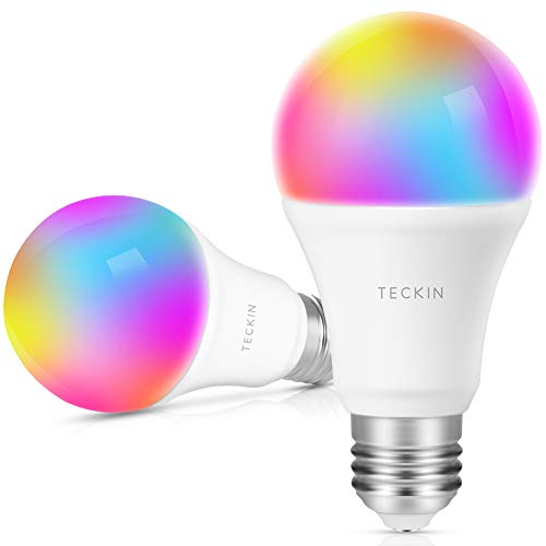 TECKIN Bombilla LED inteligente con Luz Cálida WiFi 2800k-6200k ajustable y lámpara multicolor Funciona con Google Home, E27 equivale 7.5W RGB（no se requiere hub）,2 paquetes