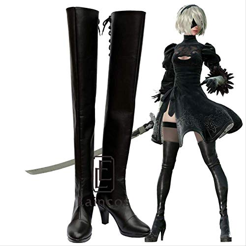 WSJDE Juego Nier Automata 2B Botas Altas Negras Yorha No. 2 Tipo B Cosplay Zapatos de Fiesta de Halloween por Encargo