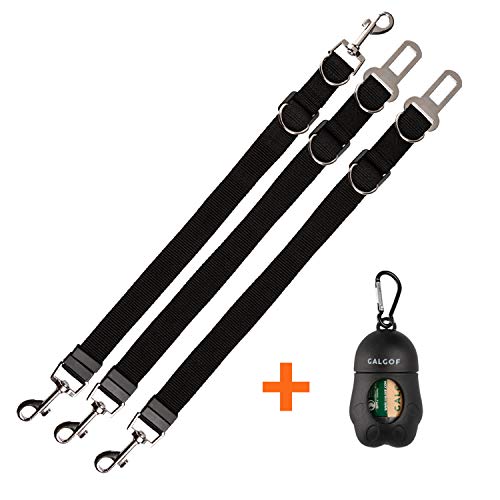 2 Cinturones de Coche para Perro + 1 Correa para perro Doble Gancho Ajustable + 1 Dispensador de Bolsas para Excrementos. GALGOF Accesorios de Seguridad en el viaje de tu Mascota