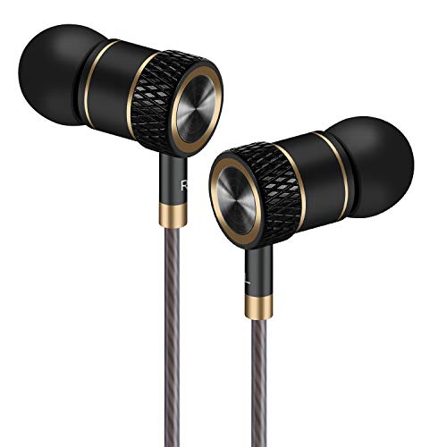 Auriculares, Auriculares con Cables y Botón, Micrófono Incorporado, Aislamiento de Ruido y Sonido Estéreo, Compatibles con Andriod, Samsung, Huawei, PC y Otros (Negro y Oro)