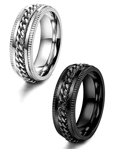 Besteel 2Piezas Acero Inoxidable Anillo con Cadena para Hombre Mujer Unisex Anillo Motero Aro Negro Plata, Talla 14.5-30 us7