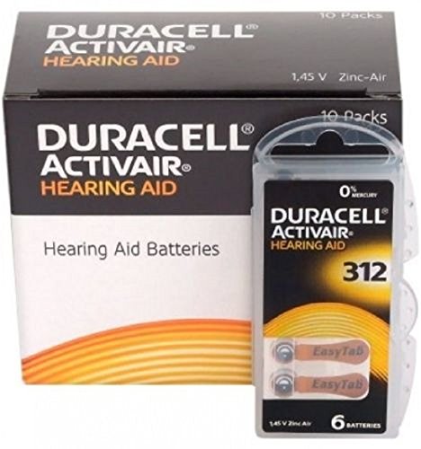 Duracell EasyTab/Activair Tipo 312 - Pilas para audífonos (Zinc-Aire, P312, PR41 y Z3, Paquete de 60 Unidades)