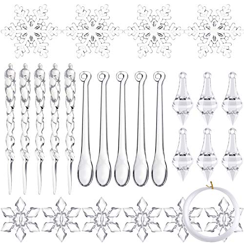 FEPITO 60 PCS Acrílico Decoración navideña Acrílico Copo de Nieve Carámbanos Navidad Carámbano Copo de Nieve con Adornos de línea de Cristal para Decoraciones de árboles de Navidad