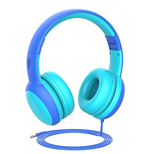 Gorsun Auriculares para niños, Volumen Limitado en el oído Auriculares para niños con Conector de Audio de 3.5 mm para niñas y niños, Auriculares con Cable Ajustable y Plegable (Azul)