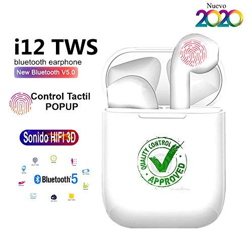 i12 TWS 2020 Auriculares Inalámbricos Bluetooth 5.0, Deportivos IPX7, Impermeable, 3D Estéreo, Micrófono, Estuche Carga portátil Dual y Caja de Carga para All Smartphones, PC, Cancelación de Ruido.