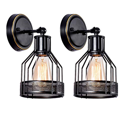 Lámparas de pared Iluminación industrial, lámpara de baño para jaula interior, pantalla de metal con acabado negro, apliques de pared vintage Luces retro(bombilla no incluida)(1 luz 2 paquetes)