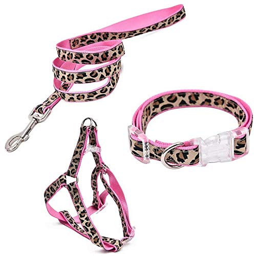 PAWZ Road Collar y Arnés de Pecho Entrenamiento de Mascotas Correas Perros Cuerda Estampado Leopardo 3 Set para Correr Pasear Rosa XS