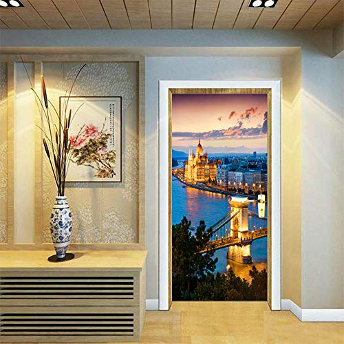 Puerta Calcomaníasde Pared Vista Nocturna 3D Dormitorio Puerta De Madera Etiqueta De Renovación Autoadhesiva Etiqueta De La Pared Tamaño 77 * 200 Cm