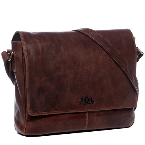 SID & VAIN® Bolsa Mensajero Spencer Bolso Notebook 15" Ordenador Bandolera Laptop Piel marrón