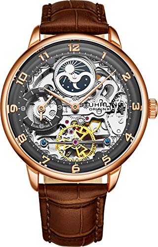 Stuhrling Original Reloj automático de Esqueleto para Hombre, Esfera analógica, Hora Dual, Am/PM Sun Moon 3925 Colección de Reloj de Pulsera para Hombre