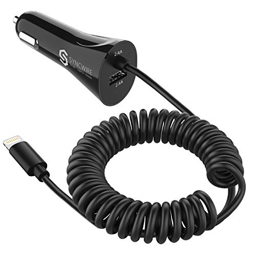 Syncwire Cargador Coche iPhone - 4.8A/24W Cargador Móvil Coche con Cable Lightning [Certificado MFi Apple] para iPhone 11 Pro XS MAX XS XR 8 7 6 Plus 6s 5s SE 5C 5 iPad Samsung S10+ S8 S7 S6 - Negro