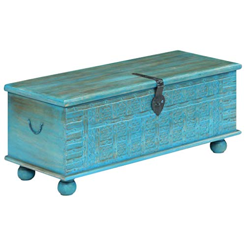 tidyard Baúl de Almacenamiento,Cofre Baúl,Cofre del Tesoro,Caja de Madera,Caja Pirata,Madera Maciza de Mango,Azul 100x40x41cm