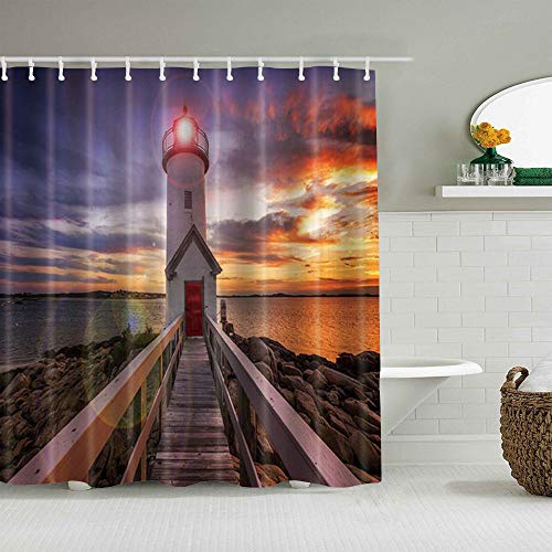 USOPHIA Cortina de Ducha Impermeable,Faro Mar Costa Puente de Madera Torre Fantasía Cielo Puesta de Sol Paisaje,Cortinas de baño de poliéster de diseño 3D con 12 Ganchos,tamaño 180 x 180cm