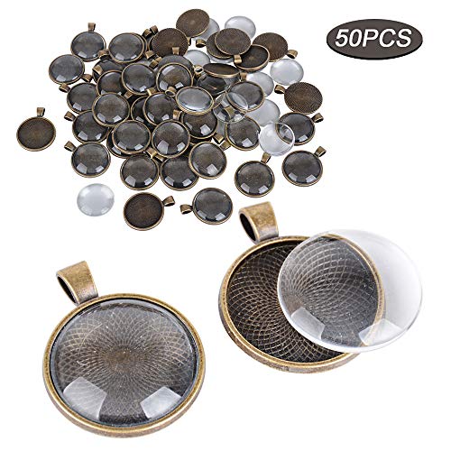 50pcs Bases de Colgantes Bandejas Colgantes 25mm + 50pcs Cabujón de Cristal Rondonda 25mm para Joyería Collares DIY Artesanía de Foto Llavero (Bronce)