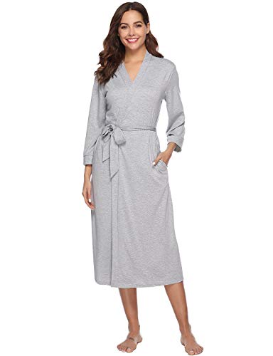 Abollria Bata para Mujer Algodón con Escote en V Albornoz de Kimono de Mujer Ropa de Dormir con Cinturón Gris,XL