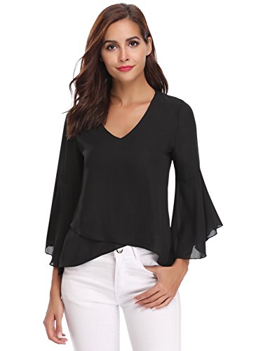 Abollria Camisa de Gasa para Mujer 3/4 Mangas Elegante Blusa Chiffon Cuello V Ligera Mangas Acampanadas Primavera Verano Otoño, Negro, S