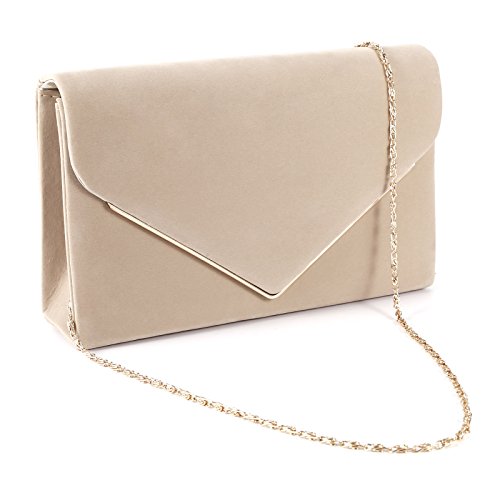 Anladia - Bolso de Mano Cartera de Mano con Cadena Larga para Mujer para Fiesta Boda Tipo Clutch Tipo Sobre Elegante Satén Color Beis