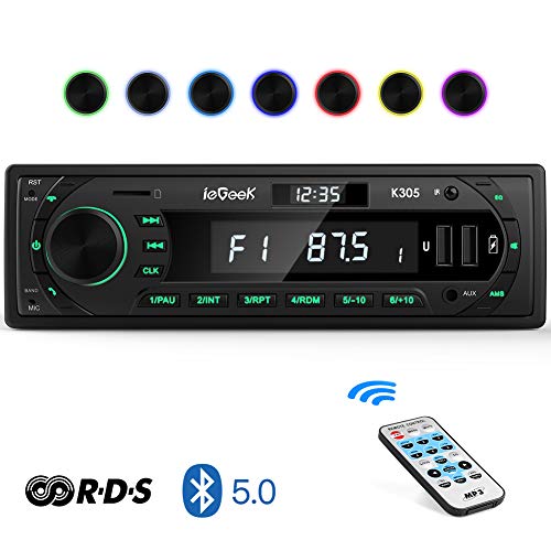 Autoradio Bluetooth Coche RDS Estéreo ieGeek, Luz de Botón 7 Colores, 60W X 4 Soporta FM/AM/AUX/MP3/WMA/WAV/USB/SD/Control Remoto, Reloj de visualización, Guardar 30 Emisoras de Radio, 1DIN