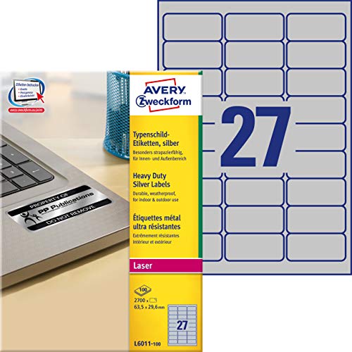 Avery España L6011-100. Caja de 2700 etiquetas plata de poliéster 63.5 x 29.6 mm