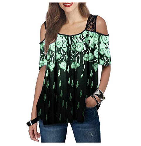 Blusa de Encaje para Mujer Camiseta Estampada de Manga Corta Cómoda Sensación de Seda de Hielo Fresco y cómodo