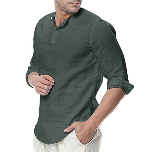 Botón de Lino Camisa Venta Yvelands para Hombre Color sólido Suelta Slim Fit T Camisa Blusa cómodo y Transpirable(Verde,M)