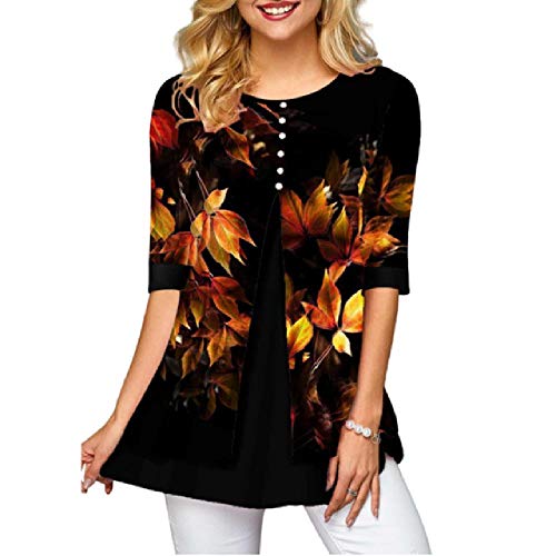 Camisa con Estampado de Hojas Camisa de Blusa de Media Manga para Mujer Camisetas   Casuales Camisas Negras con Cuello en O Tops de Talla Grande para Mujer