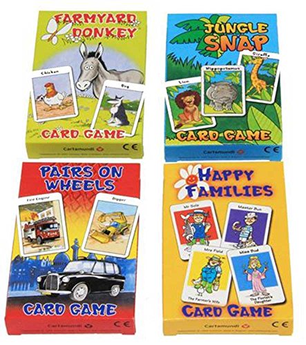 Cuatro juegos de cartas para niños de la marca Carammunmunig - Farmyard Donkey, Happy Families, Jungle Snap & Pairs On Wheels , color/modelo surtido