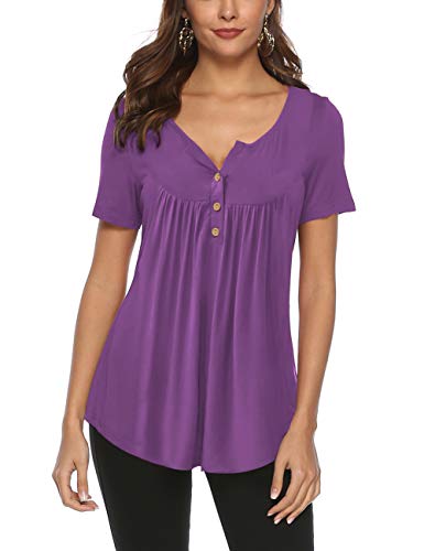 FeelinGirl Mujer Camisetas Sólido de Algodón Cuello con Botón Blusa Casual Tops Suave Violeta M(Talla 42)